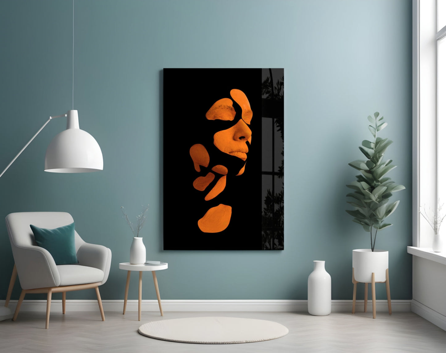 Orange Fragmented Face on Black Glass Wall Art