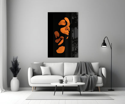 Orange Fragmented Face on Black Glass Wall Art