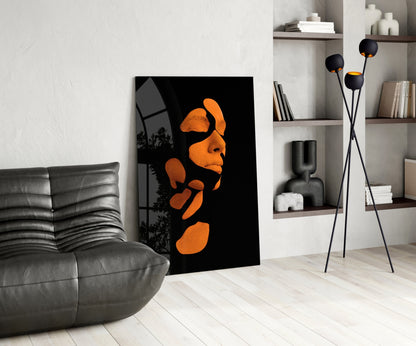 Orange Fragmented Face on Black Glass Wall Art