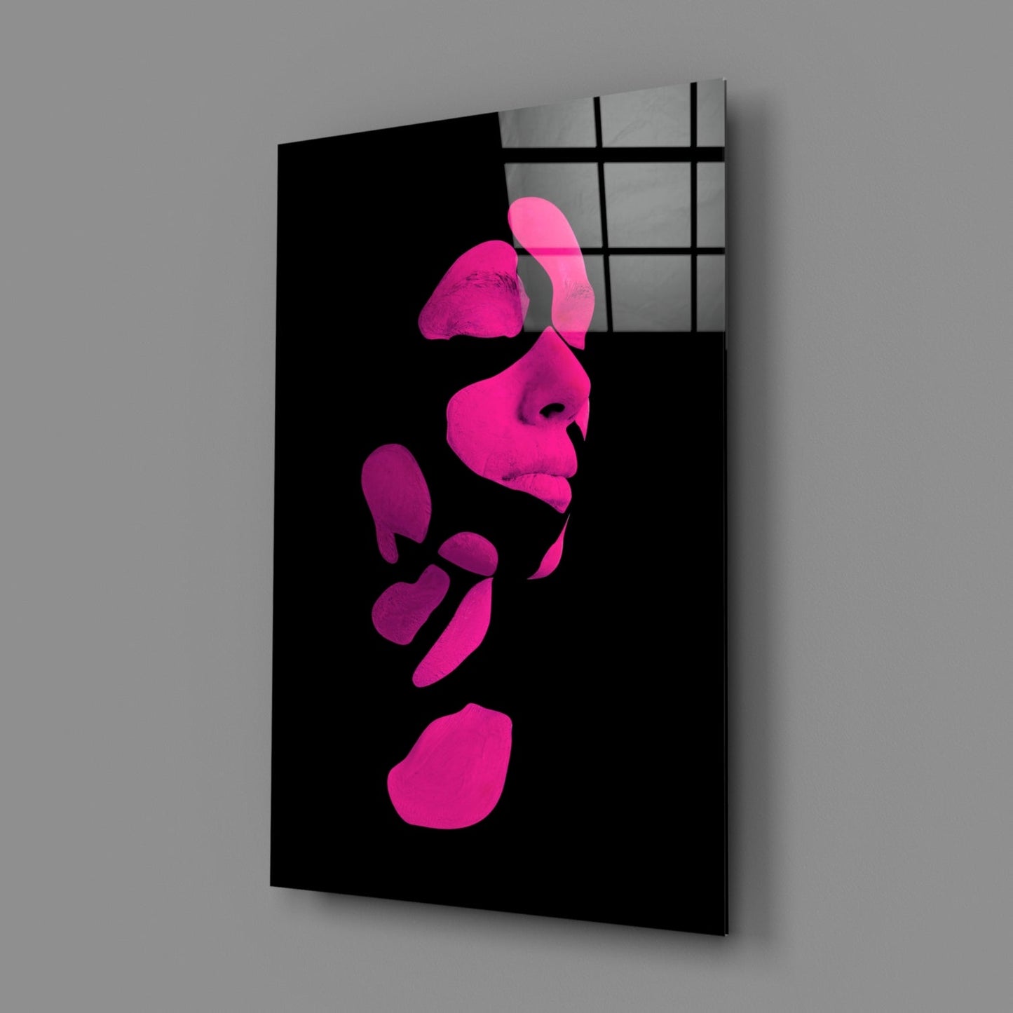 Hot Pink Fragmented Face on Black Glass Wall Art