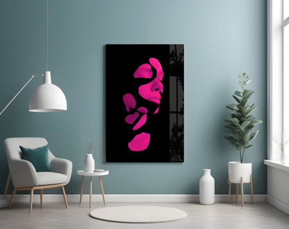 Hot Pink Fragmented Face on Black Glass Wall Art