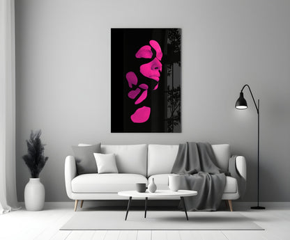 Hot Pink Fragmented Face on Black Glass Wall Art