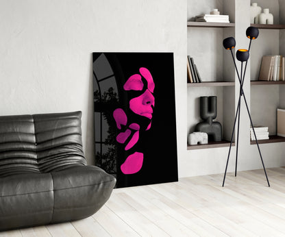 Hot Pink Fragmented Face on Black Glass Wall Art