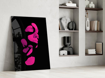 Hot Pink Fragmented Face on Black Glass Wall Art