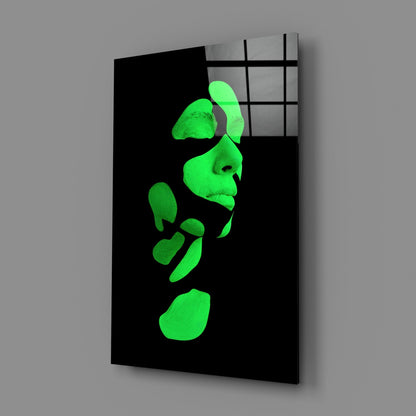 Neon Green Fragmented Face on Black Glass Wall Art