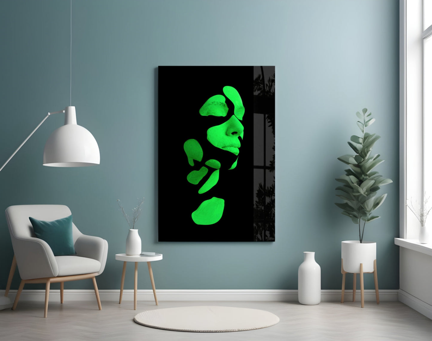Neon Green Fragmented Face on Black Glass Wall Art