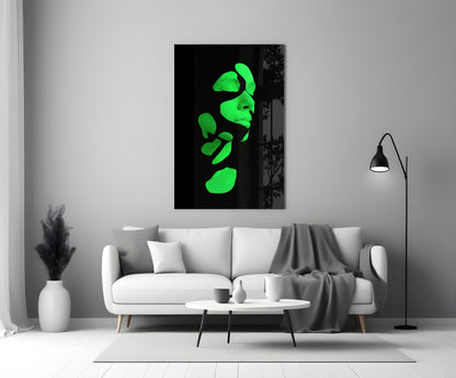 Neon Green Fragmented Face on Black Glass Wall Art