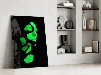 Neon Green Fragmented Face on Black Glass Wall Art