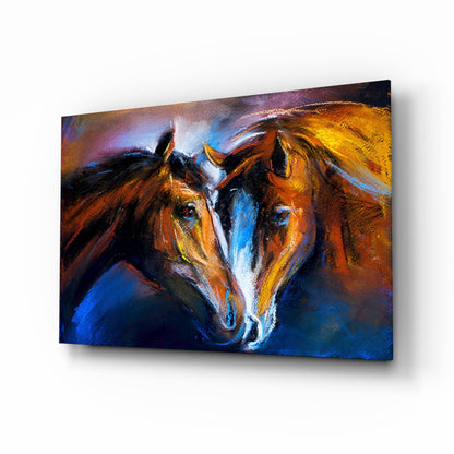 Two Nuzzling Horses on Blue Glass Wall Art