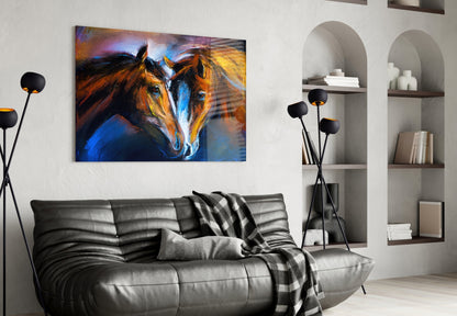Two Nuzzling Horses on Blue Glass Wall Art