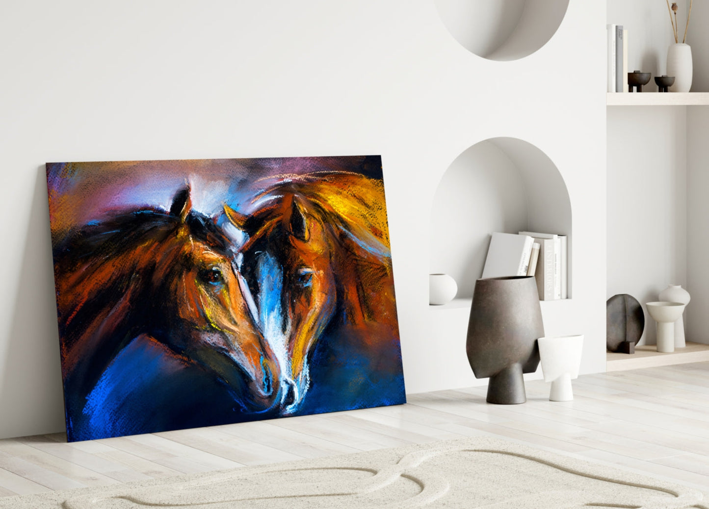 Two Nuzzling Horses on Blue Glass Wall Art