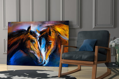 Two Nuzzling Horses on Blue Glass Wall Art