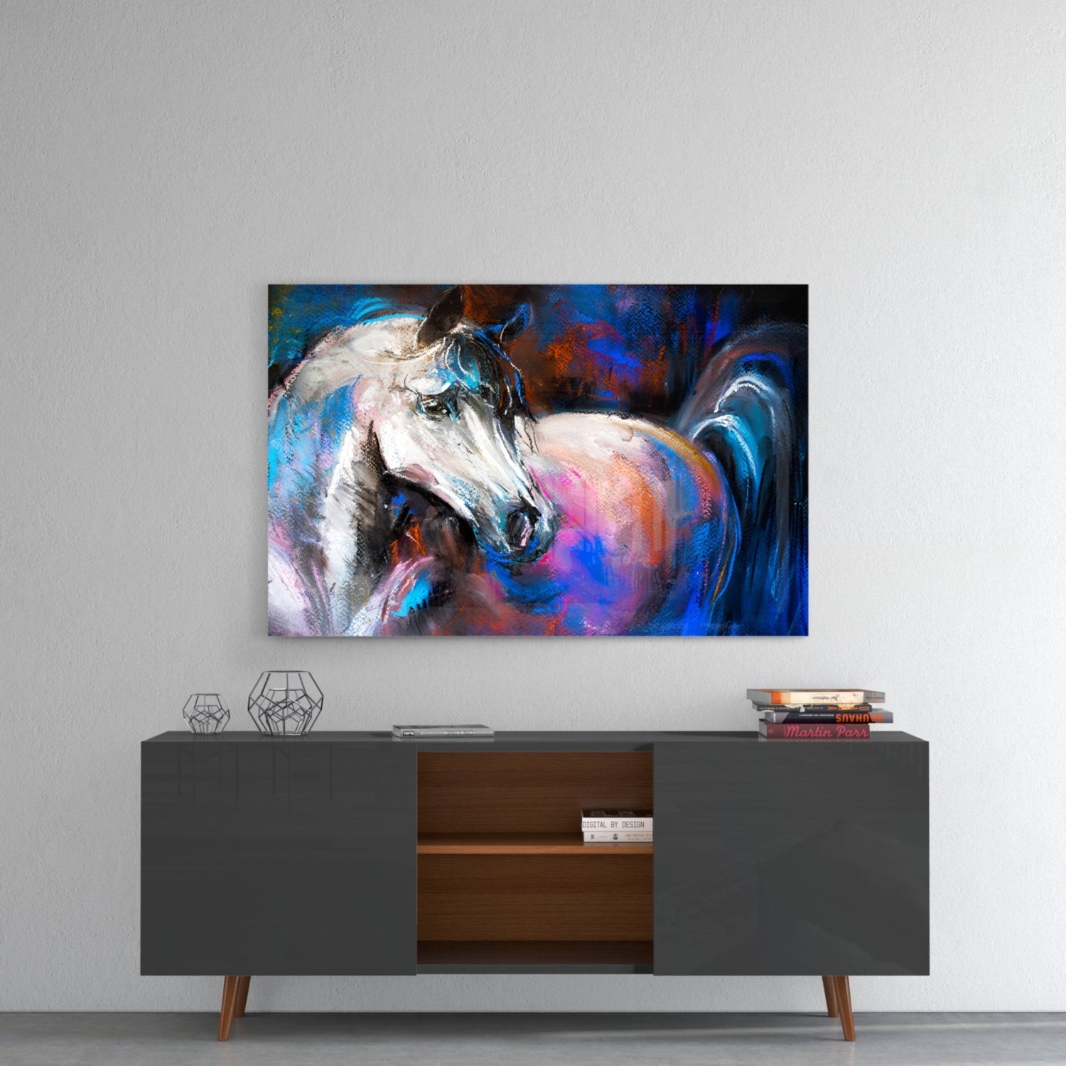 Colorful glass wall art featuring a white horse with blue, pink, and orange abstract brushstrokes, displayed above a modern sideboard.