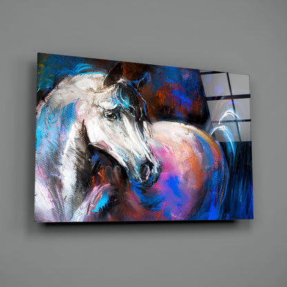Colorful abstract glass wall art featuring a white horse's head in profile against vibrant blue, purple, and orange brushstrokes, displayed at an angle on gray wall.