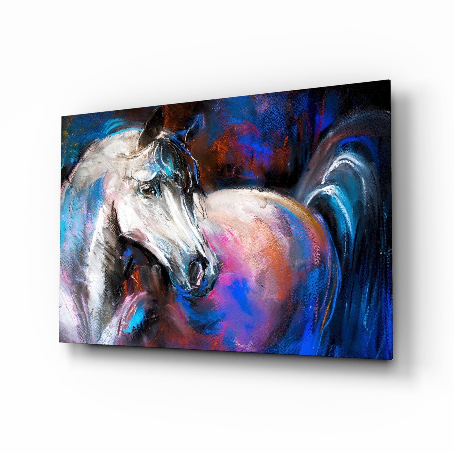 Angled view of glass wall art featuring a white horse's head in profile against vibrant blue, purple, and orange abstract brushstrokes.