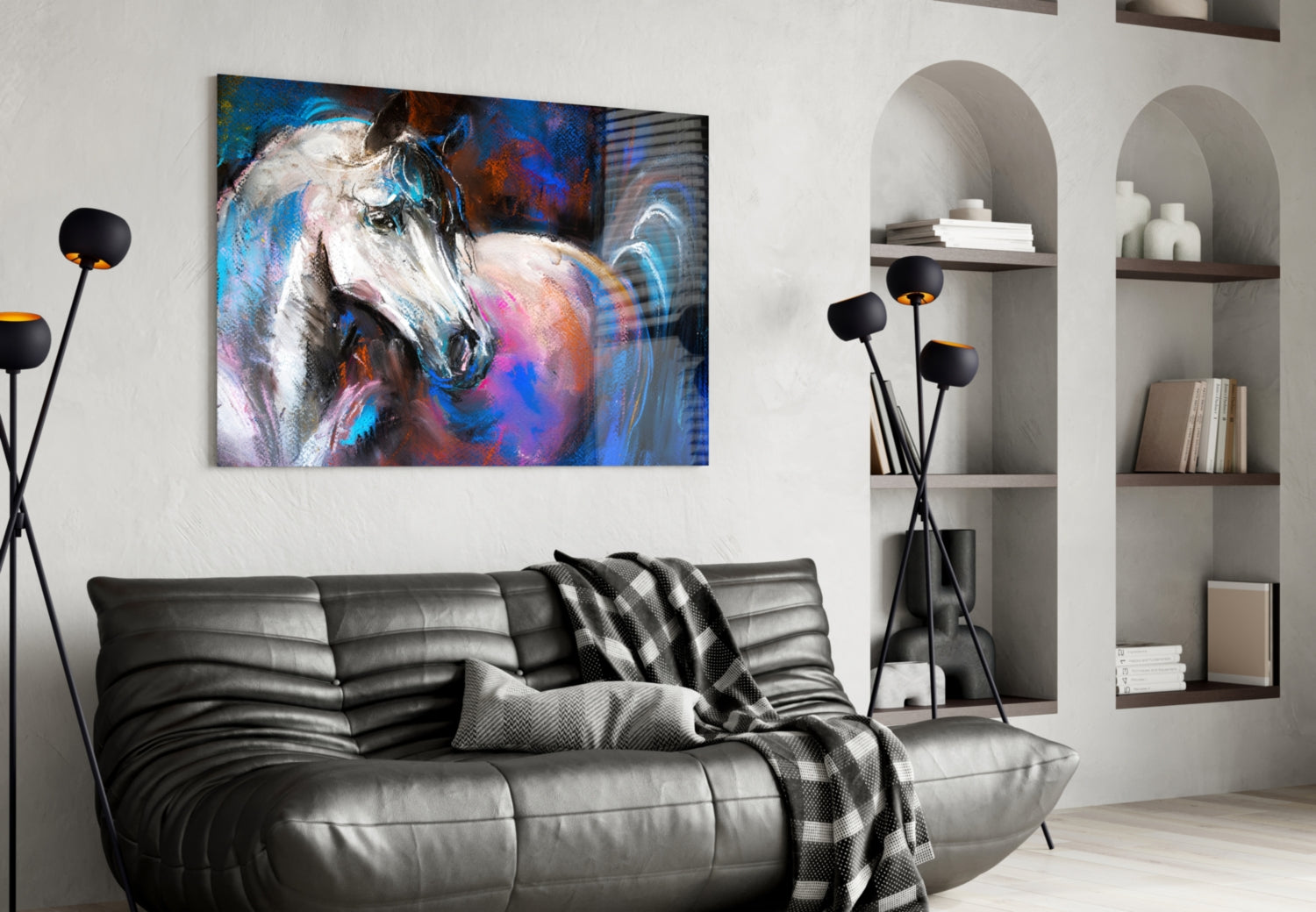 Colorful abstract horse portrait glass art displayed above black sofa in modern living room with shelving.