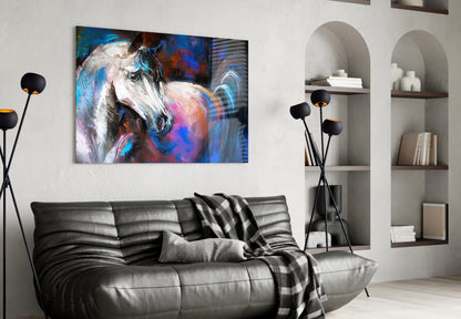 Colorful abstract horse portrait glass art displayed above black sofa in modern living room with shelving.