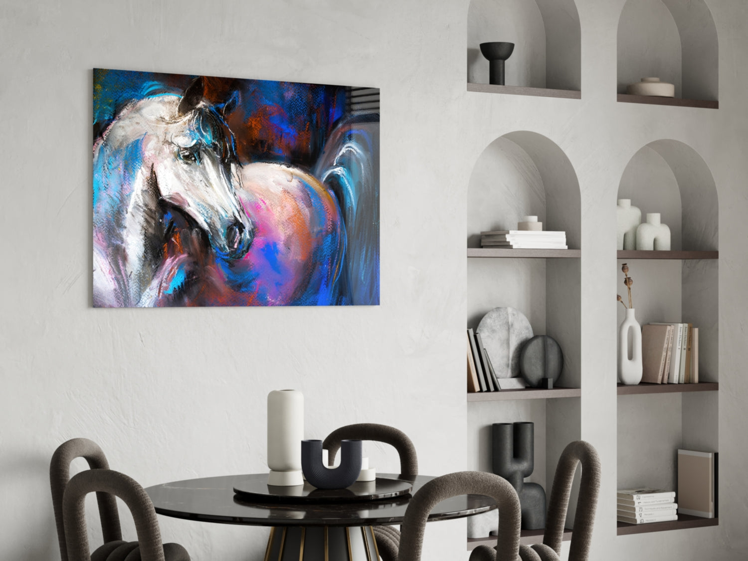 Colorful abstract horse portrait glass art displayed above black round dining table in modern living room setting.