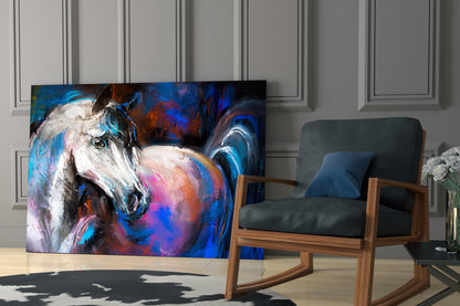 Colorful abstract horse glass art displayed in modern living room next to wooden chair and paneled wall.
