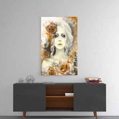 Glass wall art depicting a pale-faced woman with wavy white hair and golden roses against warm sepia tones, displayed above a mid-century modern console table.