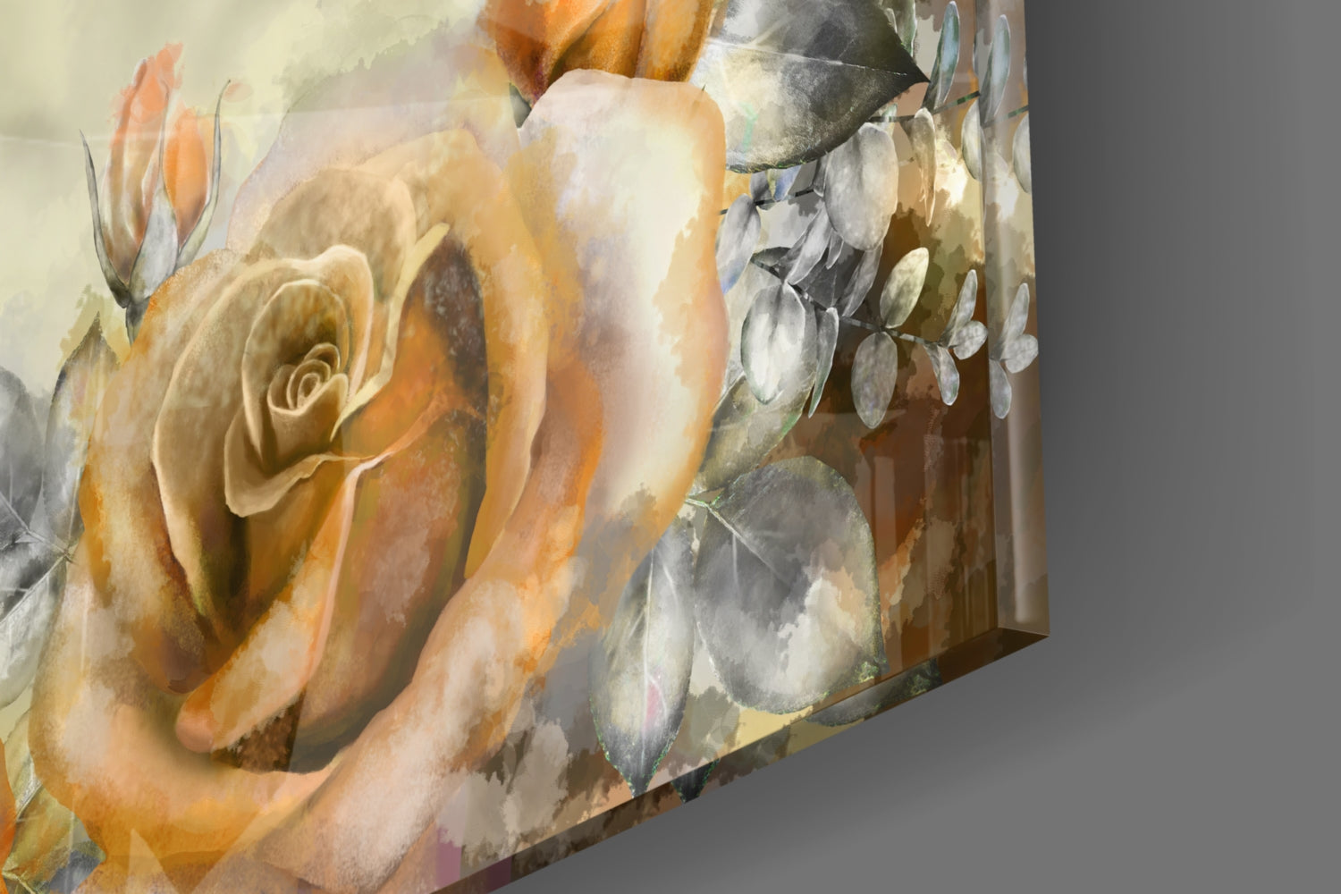 Angled side view of glass wall art displaying a large golden rose and white clustered flowers against a soft beige background.