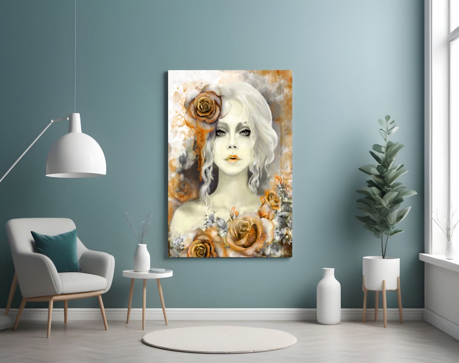 Glass wall art featuring a pale woman with white wavy hair adorned with golden roses against textured cream and orange background, displayed in modern room setting.