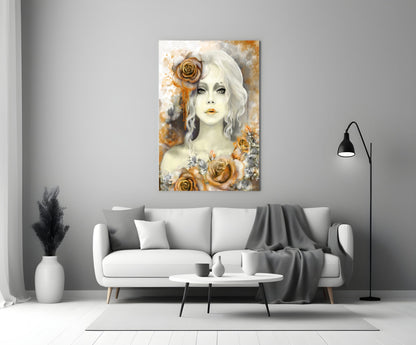 Yellow and gold rose glass wall art featuring a pale woman with white wavy hair displayed above a gray sofa in a modern living room.