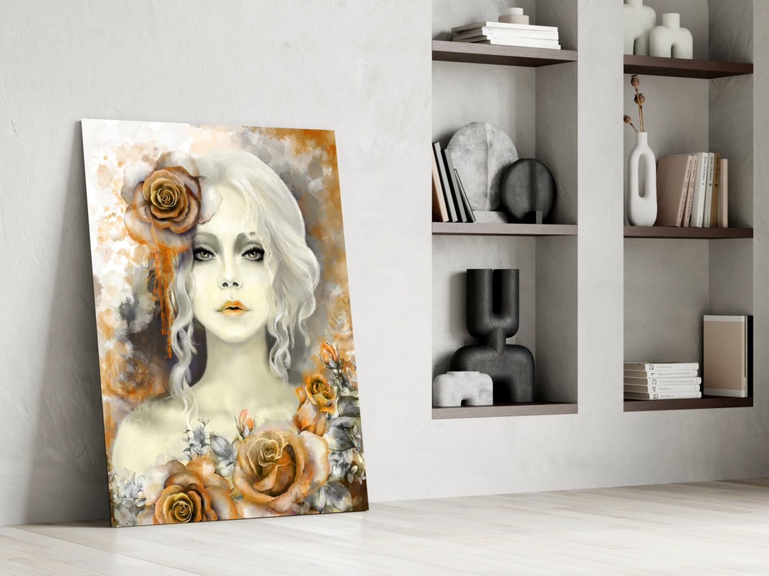 Glass wall art leaning against white wall displays pale woman with white wavy hair surrounded by golden roses and watercolor background.