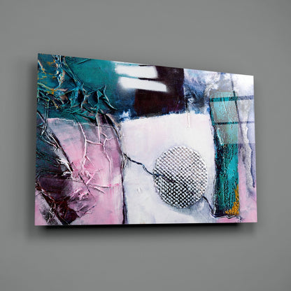 Abstract glass wall art displaying teal, pink, and white tones with textured circular metallic element and organic branch-like patterns.