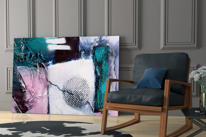Abstract textured glass art panel displaying teal, pink, purple, and white mixed media composition displayed in modern living room setting.