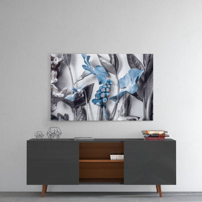 Blue Blooms Gray Botanical Study Glass Wall Art