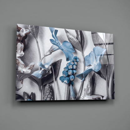 Blue Blooms Gray Botanical Study Glass Wall Art