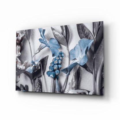 Blue Blooms Gray Botanical Study Glass Wall Art