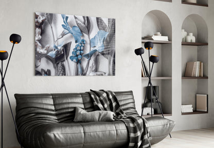 Blue Blooms Gray Botanical Study Glass Wall Art
