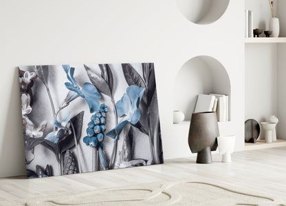 Blue Blooms Gray Botanical Study Glass Wall Art