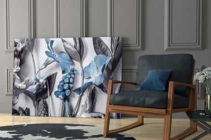 Blue Blooms Gray Botanical Study Glass Wall Art