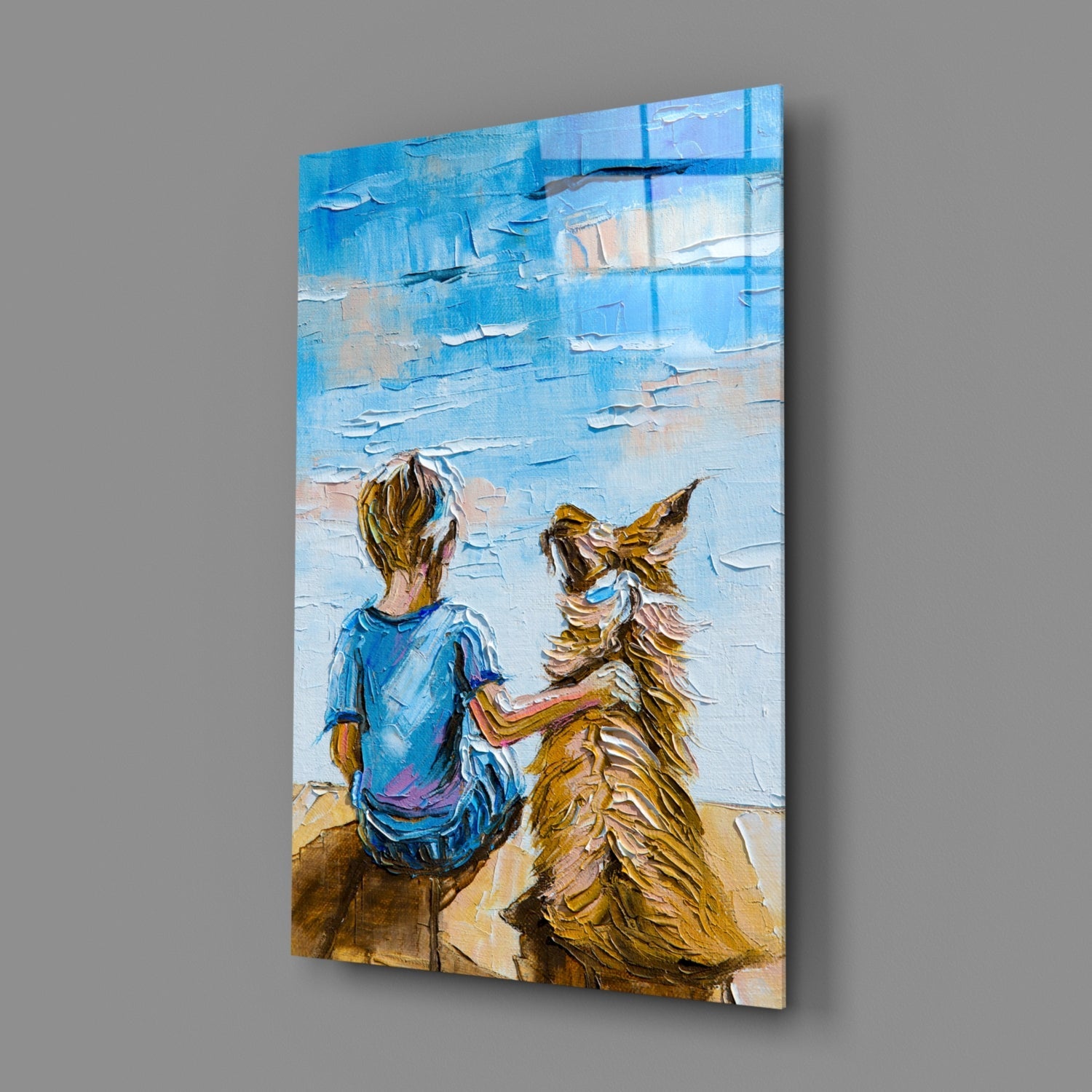 Glass wall art displaying a child in blue shirt and dog on sandy beach facing blue sky, painted in thick brushstrokes.