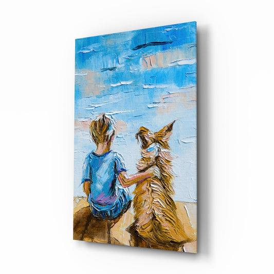 Child in blue shirt and brown dog sitting together on beach gazing at blue sky, painted in thick impasto style on glass panel.