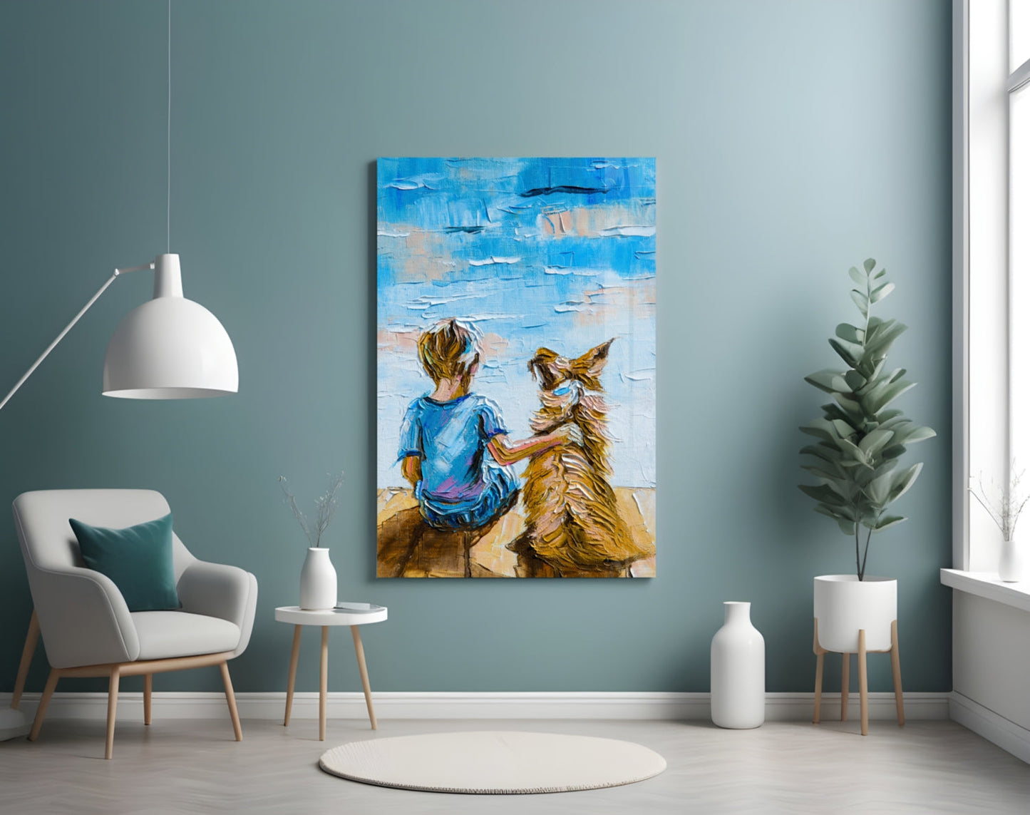 Glass wall art depicting a child and golden dog from behind against a blue sky, displayed in a serene room setting.