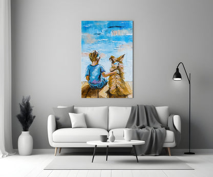 Friendship Glass Wall Art displayed above a white sofa in a modern living room, showing a child and golden dog facing a blue sky.