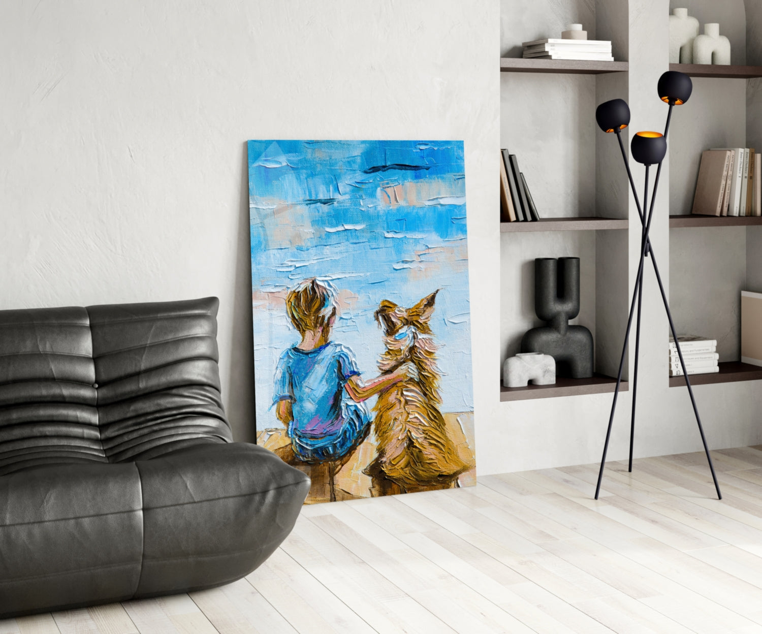 Glass wall art depicting a child in blue shirt petting a golden dog against blue sky, displayed in modern living room with black sofa and shelving.