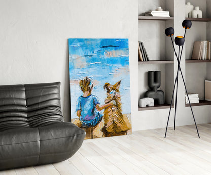 Glass wall art depicting a child in blue shirt petting a golden dog against blue sky, displayed in modern living room with black sofa and shelving.