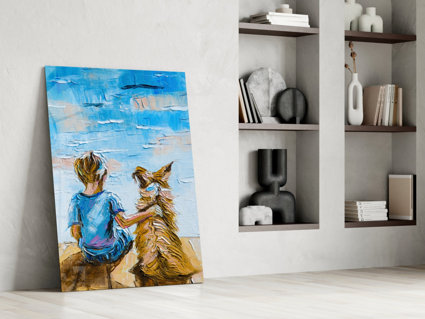 Textured oil painting of a child in blue shirt with golden dog facing ocean, leaning against white wall near shelving.