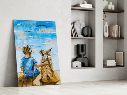 Textured oil painting of a child in blue shirt with golden dog facing ocean, leaning against white wall near shelving.