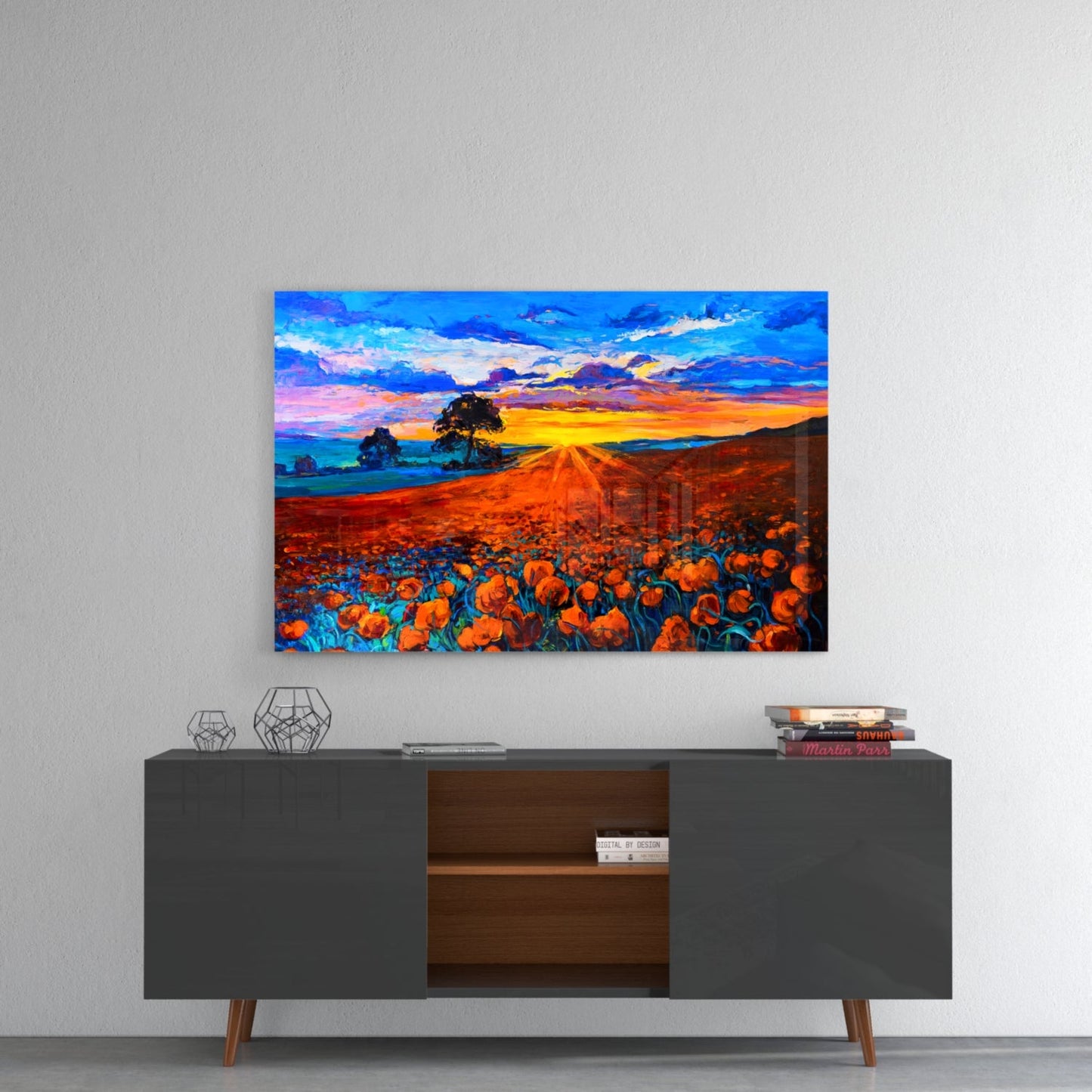 Radiant Sunburst Poppy Meadow Glass Wall Art