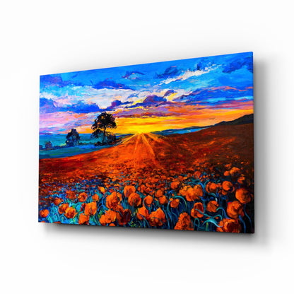 Radiant Sunburst Poppy Meadow Glass Wall Art