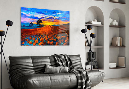 Radiant Sunburst Poppy Meadow Glass Wall Art