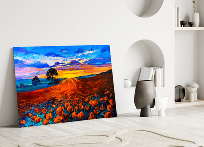 Radiant Sunburst Poppy Meadow Glass Wall Art