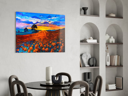 Radiant Sunburst Poppy Meadow Glass Wall Art