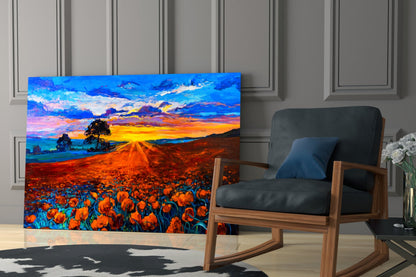 Radiant Sunburst Poppy Meadow Glass Wall Art